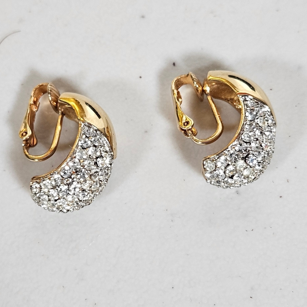 Vintage Lanvin Clip On Earrings Teardrop Gold tone & Rhinestone As Is